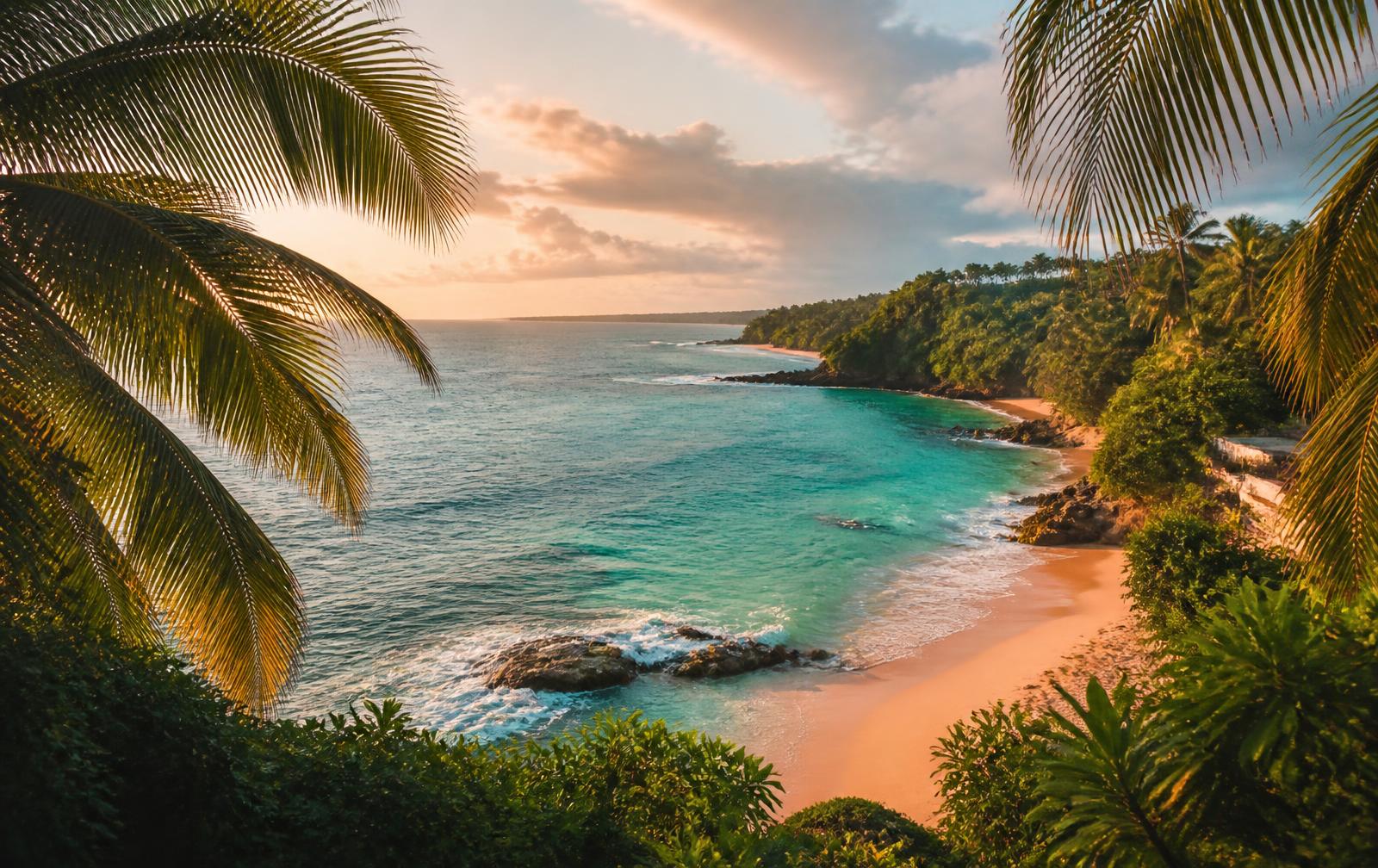Palm-framed turquoise cove on the Puerto Rico coast at golden hour